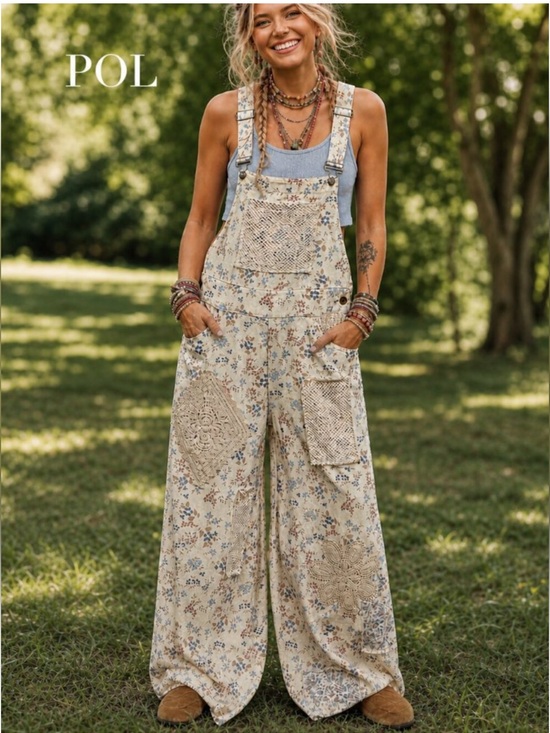POL Pants - NWT POL Touch of Flowers Crochet Patch Overalls, Cream Floral Patchwork
